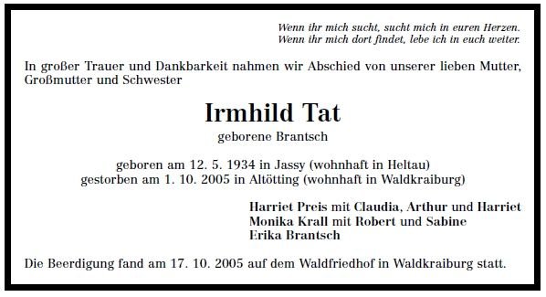 Brantsch Irmhild 1934-2005Todesanzeige